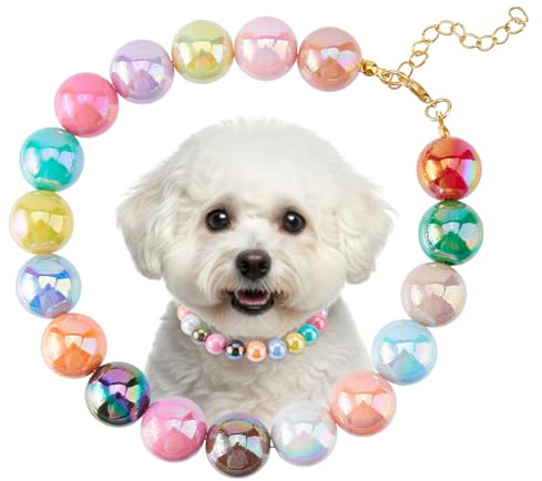 SUPERFINDINGS Bunte Perlen Halsband Für Hunde Aus Farbigen Perlen Hunde Halsband Verstellbar Hundes Halskette 31.2cm Süßer Schmuck Für Haustier Welpen Chunky 16mm Süßigkeiten Acryl Mit Legierung Kette