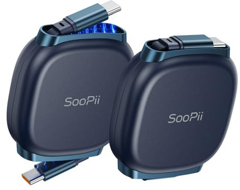 SOOPII 240W Retractable USB C Cable with Mag Snap Storage (2Pack 3.3FT) | Retractable USB C Fast Charging Cable with 5-Stage Length Preset Type C Cable for lPhone 17/16 Pro Max,Galaxy S25/24 NavyBlue