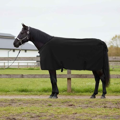 Teenpull Pferdedecke Schwarz 75 cm Polyester atmungsaktiv wasserdicht mit Bauchgurt und Brustverschluss für Stall und Weide Winterdecke Outdoordecke mit Halsteil und Kreuzgurt