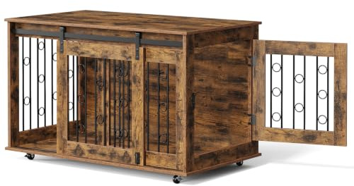 EUGAD Hundebox, Hundebox im Möbelstil mit Doppeltüren und Rädern | für Kleine mittelgroße Hunde bis zu 60kg,100x56x58cm, Hundebox für Zuhause, Hundekäfig Holz Vintagebraun, als Beistelltisch