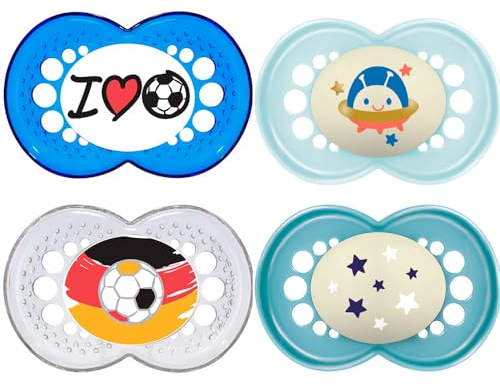 MAM Day & Night Original Football // Skin Soft Silikon Schnuller 16+ // 4er Set // inkl. 2 Sterilisiertrasportboxen