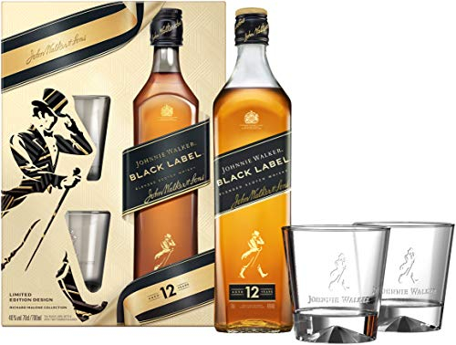Johnnie Walker Black Label 12 Years Old Blended Scotch Whisky 70cl with Gift Box Including Two Tumblers