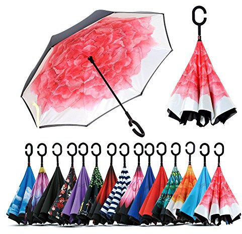 NNY Inc Parapluie double face coupe-vent et protecteur contre les UV - Pliable - Parapluie droit inversé pour hommes et femmes - Autoportant - Poignée en forme de C - pour golf/voitures (pivoine rose)
