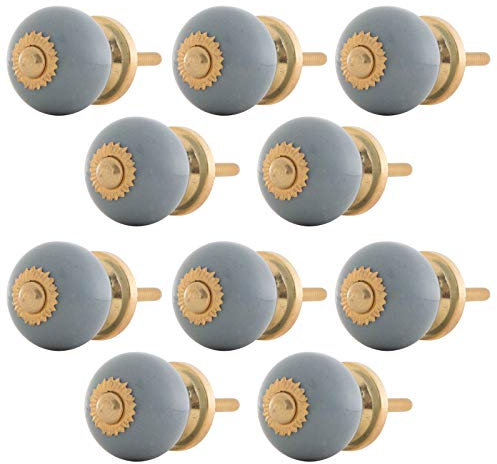 Knober Set 10 Stück Möbelknöpf klein Keramik Porzellan Vintage Landhausstil Shabby-Chic 31mm Knauf Türgriff (06. Grau mit Gold)