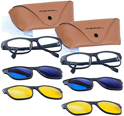 PEARL Brille blaue Gläser: 2er-Set 3in1-Bildschirm-Brillen mit Sonnen- und Nachtsicht-Aufsatz (Clic Magnet Brille, Blaulichtfilter Brille Damen)