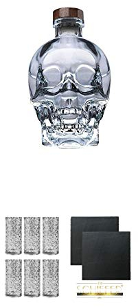 Crystal Head Vodka 0,7 Liter + 9 Mile Highball Vodka Glas 6 Stück + Schiefer Glasuntersetzer eckig ca. 9,5 cm Ø 2 Stück