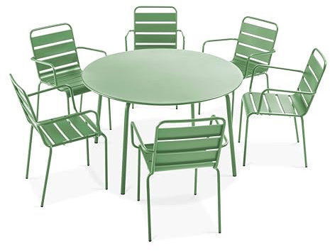 Oviala Palavas Gartenmöbel-Set, rund, mit 6 Stühlen, Stahl, Kaktusgrün