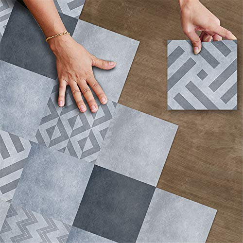 Hiseng Cucina Bagno Adesivi per Piastrelle 20x20 cm, Impermeabile Antiscivolo PVC Autoadesivo Stile Industriale Mattonelle Adesivi per Pavimento Decorazione Casa DIY (Grigio,1 Set di 10 Pezzi)