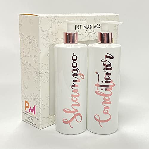 Print Maniacs White Mrs Hinch Inspired Personalised 500ml Bottles Bathroom Shampoo Conditioner Rose Gold Pump (Set 2) (Rose Gold)