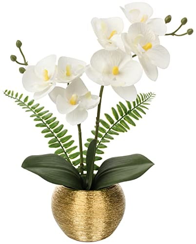 Briful Plantas artificiales de orquídea blanca, flores de tacto real, tallos de orquídea artificiales Phalaenopsis en maceta de cerámica dorada, flores de orquídea falsas para decoración del hogar,