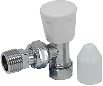 Pipestation Válvula de radiador en ángulo de 15 mm con escudo de bloqueo y cabeza de rueda para radiadores rosca estándar de 1,27 cm, válvulas de radiador de 15 mm, acabado cromado y cabeza de rueda