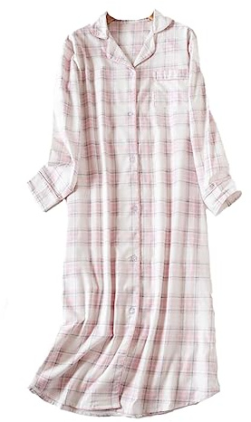 DSKK Chemise de Nuit Femmes Manches Longues Coton Flanelle Carreaux boutonnée Pyjama vêtements de Nuit Femme