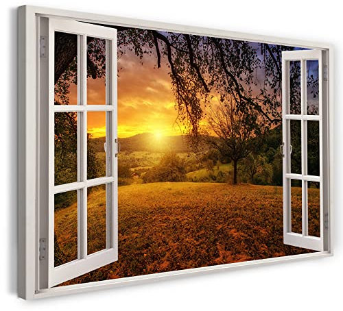 Printistico Bilder Fensterblick 120x80cm Baumwoll-Leinwand auf Keilrahmen mit Aufhänger moderner Kunstdruck XXL Wandbilder Wand-Dekoration Feld Sonnenuntergang Natur Baum - Natur-Fotografie