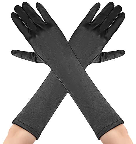 Damen Lange Handschuhe Schwarze Satin Handschuhe 1920er Jahre Retro Opernparty Armstulpen Ellenbogenlänge Vollfinger Handschuhe Damen Mädchen Hochzeit Halloween Abschlussball Kostüm Zubehör