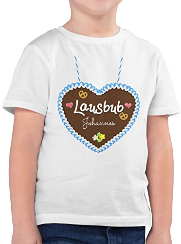 Kinder T-Shirt Jungen - Kompatibel Oktoberfest - Lausbub - Lebkuchenherz und Dein Name - 128 (7/8 Jahre) - Weiß - trachtenshirt Trachten Tshirt Kind Tracht lausbua Shirt Junge bayrische Trachten-