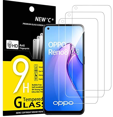 NEW'C 3 Pezzi, Vetro Temperato per OPPO Reno 8 5G, Reno 8 Lite 5G, Pellicola Prottetiva Anti Graffio, Anti-Impronte, Senza Bolle, Durezza 9H, 0,33mm Ultra Trasparente, Ultra Resistente