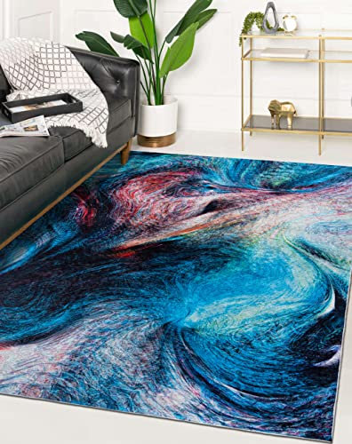 Mazovia Modern Teppich - Kurzflor Waschbar - Weich Teppich für Wohnzimmer, Schlafzimmer, Esszimmer – Teppiche Abstrakt - Bunt Blau 120 x 170 cm