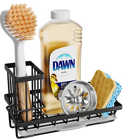 SWTYMIKI Sink Caddy Kitchen Sink Organiser with Detachable Brush Holder, Stainless Steel Sink Sponge Holder with Drip Tray for Back of Holder, Black