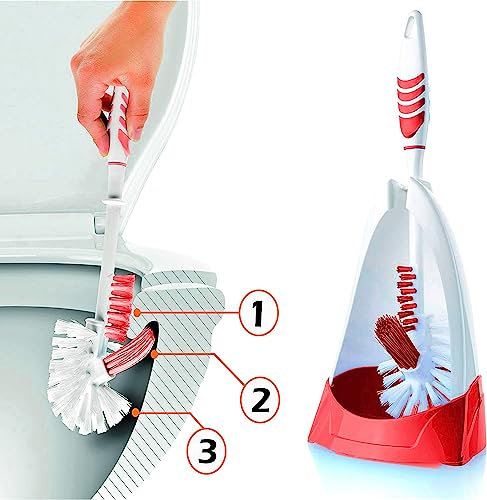 Rigorous Team 3 Functioned Toilet Brush with Holder-Very Easy Under the Rim Cleaning. Strong Bristles, Good Grip Toilet Brushes Sets.New Version Loo Brush (Red), 36.6x14.8x12.3 (TF-02v99=2023)