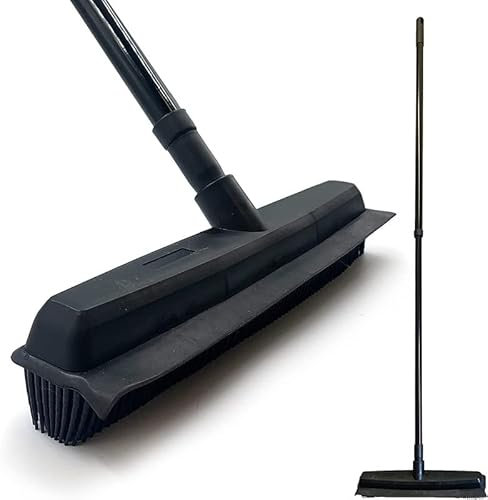 EPISENT Extendable Rubber Broom with Soft Bristles – Perfect for Indoor Floor Sweeping, Carpet Cleaning & Pet Hair Removal – Squeegee Edge for Wet & Dry Use – Sturdy Handle – Black