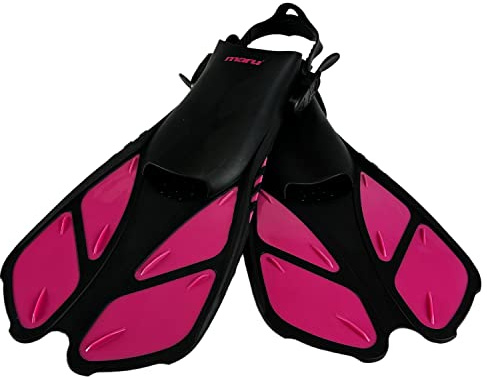 Maru Tauchflossen, Schnorchelflossen, verstellbare Schnallen, offene Ferse zum Schwimmen, Tauchen, Schnorcheln, Schwimmflossen, Reisegröße, kurz, Erwachsene, Herren, Damen, Kinder, Neonrosa/Schwarz,