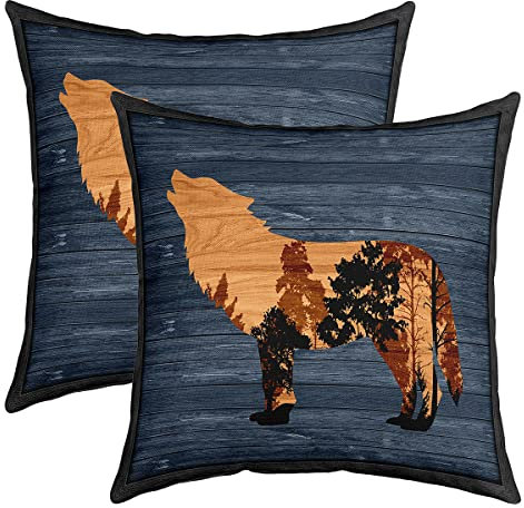 Cute Wölfe Kissenbezüge 40x40cm für Couch 2er Set Kissenbezüge Wölfe Heulen Dekorative Sofakissen Couchkissen Kissenhütte Tiere Wölfe Fürest Blau Braun Kissenbezug Zierkissenbezüge