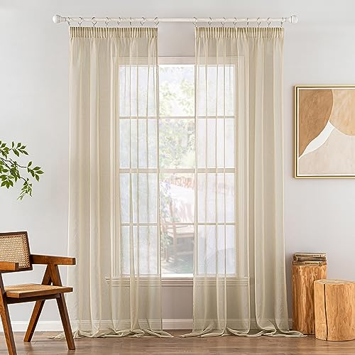 MIULEE Gardinen Vorhänge mit Kräuselband 2er Set Gardine Vorhang Gardinen Wohnzimmer aus Sheer Voile Curtains Transparent Schlafzimmer Beige 140 x 245 cm