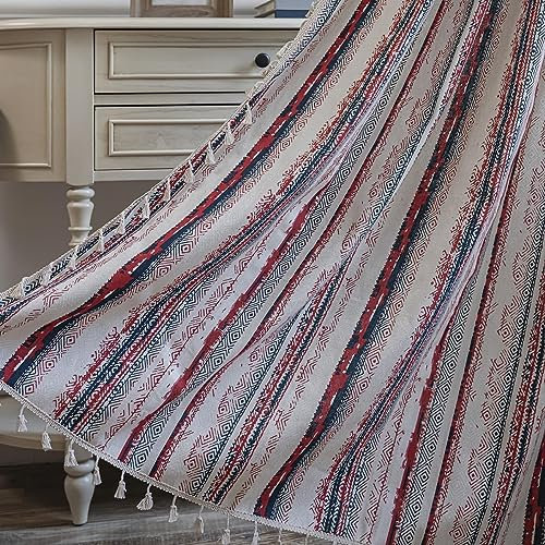 USTIDE Gestreifter Vorhang, Bauernhaus, indischer Hippie-Vorhang, Quasten, Vorhangstange, Tasche, leicht, flackernder Vorhang, 150 x 250 cm