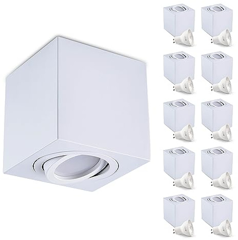 ekobi Aufbauspot OH37 Deckenleuchte RECHTECK Farbe WEIß Deckenstrahler - beweglich Deckenspot Aluminium IP20 LED Spotlight Inklusive Glühbirne GU10 5W 3000K (10 Stück, M - Warmweiß Licht)