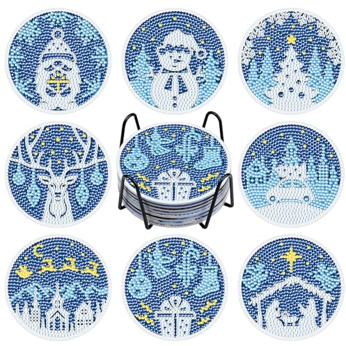 NAIMOER 8Stück Diamond Painting Untersetzer Weihnachten mit Halter, DIY Winter Untersetzer, Kaffee Diamant Painting Untersetzer für Erwachsene Kinder, Getränke Untersetzer, 5D Diamant Untersetzer