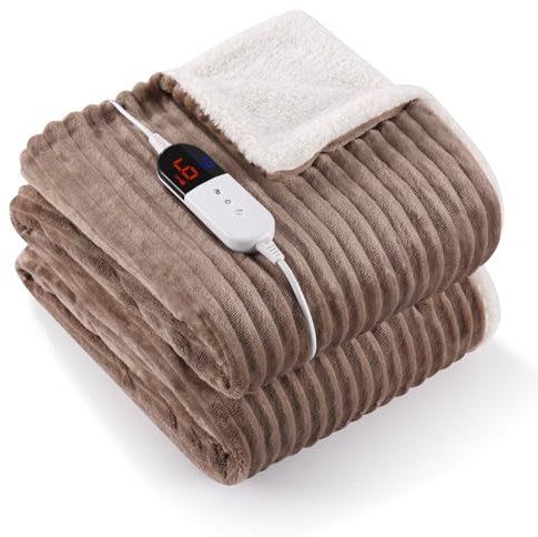 CURECURE Electric Heated Blanket Throw, Soft Ribbed Flannel and Sherpa Heated Blanket, 180 X 130cm, 6 Heat Settings & 1-10 Hours Automatic Timer, Home and Office Use, Machine Washable (Greyish Green)