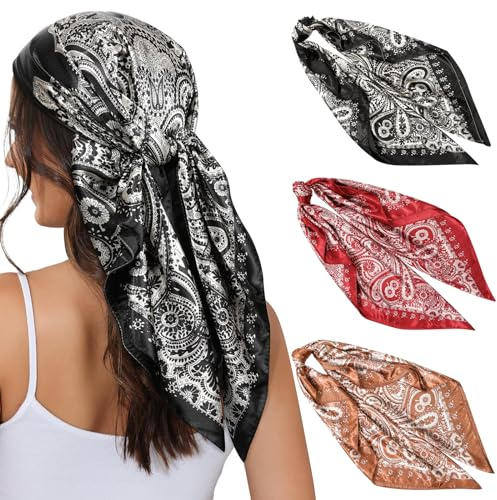 Kajeer 3 Stück Kopftuch Bandana Halstuch für Damen - 90x90cm Große Satin Seidentuch Weiches Satinschal Haarschal für Frauen