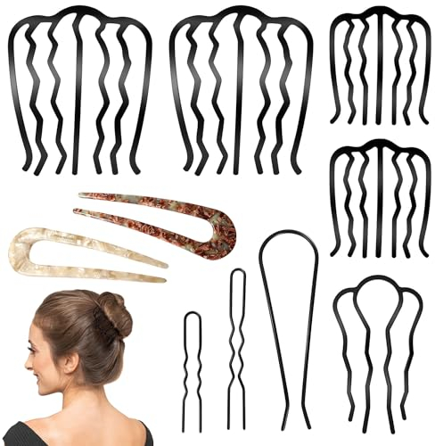Asaisimg 10 Pcs Hair Side Combs Set, 8 Pcs Vintage Hair Fork Clip with 2 Pcs French Forks, U Shape French Twist Pin Messy Bun Maker Hair Styling Tool Accessories for Women and Girls