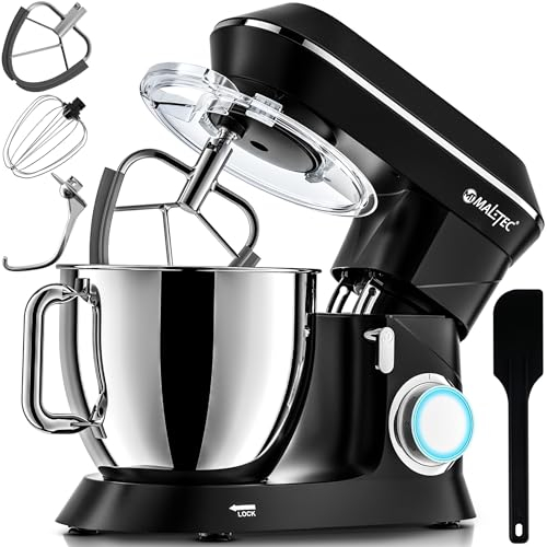 MalTec Planet Küchenmaschine | MaltecChef 2200W Knetmaschine | Rührhaken, Knethaken, Schneebesen, Spritzschutz | 6 Geschwindigkeiten und 4 Funktionen | Küchenroboter schwarz 6L