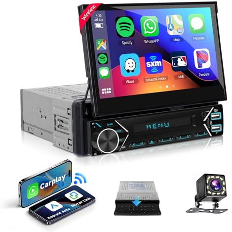 7'' Autoradio 1 Din Carplay Android Auto Wireless mit Ausfahrbarem Bildschirm,Podofo Radio mit Bluetooth 5.1 FM 2USB/AUX/Typ C Mit Rückfahrkamera Lenkradsteuerung