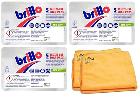 Brillo Multi-Use Soap Pads For Household Cleaning Kitchen Steel Wool Filled Cleaning Pots, Pans, Cookers - Multi- Use Soap Pad (5 x 3)15 Brilo Soap Pad With ZOPPER 2 x Microfiber Cloth