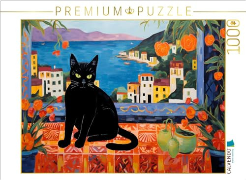 CALVENDO Puzzle Schwarze Katze auf einem Tisch | 1000 Teile Lege-Größe 64 x 48 cm Foto-Puzzle für glückliche Stunden