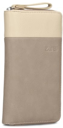 Zwei Damen Geldbörse Eva EV2 langes Portemonnaie 15 Kartenfächer, Sichtfach, 2 Scheinfächer, Geldbeutel mit Münzfach & umlaufenden Reißverschluss, weiches Kunstleder in Bicolor (Nubuk-Cappuccino)