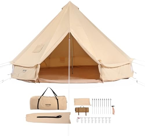 VEVOR Tienda de Campana de Lona de 3m, Carpa de Yurta para 4 Estaciones, Tienda de Campaña Familiar con Agujero para Estufa de Leña y Bolsas de Almacenamiento para Glamping de hasta 4 Personas, Fiesta