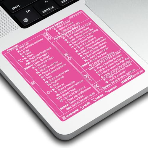 Afterplug - Adhesivo de atajos de teclado Mac OS, más de 50 accesos directos para MacBook Pro y Air de 13 a 16 pulgadas, vinilo sin residuos, rosa con texto blanco, 1 paquete