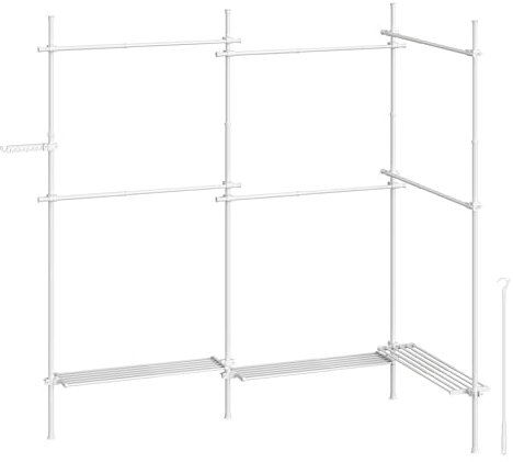 SONGMICS Teleskopstange Kleiderständer, 3-stufige Garderobe, höhen- und breitenverstellbar, offener Kleiderschrank mit 6 Kleiderstangen und 3 abnehmbaren Ablagen, Greifarm, mattweiß HSR155W01