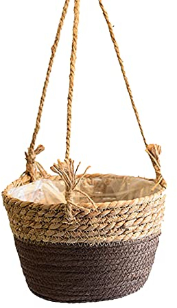 EHOTER Blumentopf Hängende Seegras Pflanzenkorb Boho Blumenampel 20cm Handgewebter Pflanzen Pflanzkübel Hängetopf Korb Natürlicher Pflanzkorb Hängeampel Pflanzenampel (1)