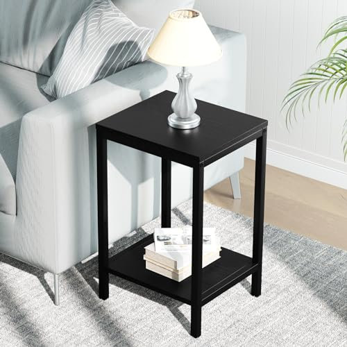 SAYGOER Small Black Side Table with Storage Shelf End Table for Small Spaces Modern Square Bed Nightstand Couch Tables for Living Room Bedroom
