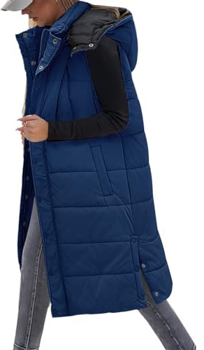 Tuopuda Women Quilted Gilets Longline Hooded Waistcoat Ladies Lightweight Padded Sleeveless Puffer Down Coat Zip Up Gilet Side Split Long BodyWarmer Winter Jacket With Pockets(Navy,XL)