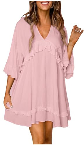 Vestito Da Donna A Maniche Corte Con Volant | Mini abito a tunica con scollo a V allentato Casual | Estate 2024, rosa, L