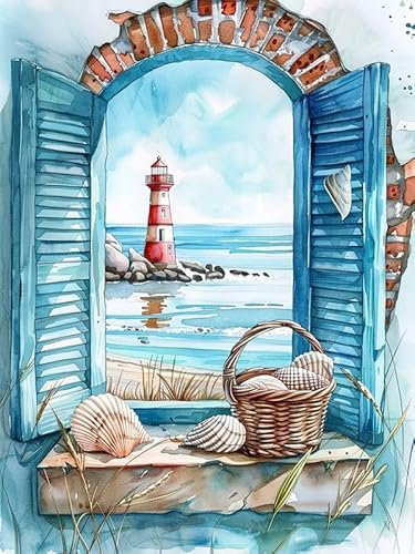 Bimkole DIY 5D Diamond Painting Kits Zubehör Leuchtturmschale, Außerhalb Des Fensters Diamant Malerei Kit Voll Runde Bohrer Malen nach Zahlen Malerei Stickerei Kreuzstich Diamond Dekoration 30x40 cm
