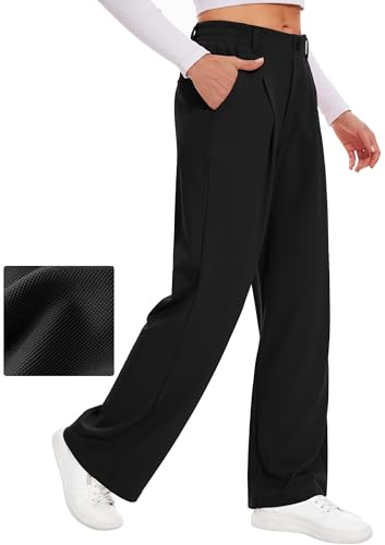 Desol Pantalones de trabajo de pierna ancha para mujer, pantalones de vestir de punto gofre, elásticos, de cintura alta, pantalones palazzo casuales para mujer, Negro, XXL