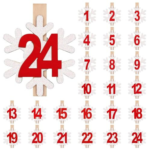 BOFUNX Adventskalender Klammern mit Zahlen 1-24 Adventskalender Holz Zahlen Glitzer Schneeflocken Holzklammern für Adventskalender Weihnachtskalender Basteln Weihnachtsdeko Handwerk