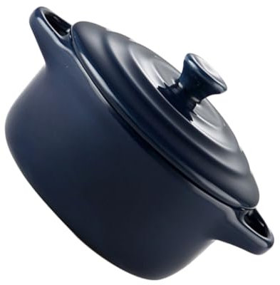 PHENOFICE Ceramic Double Handle Stew Bowl 230ml Microwave Oven Safe Lid Dark Blue Home Kitchen Cooking