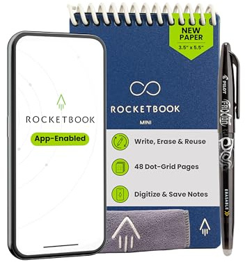 Rocketbook Wiederverwendbarer Mini-Notizblock, Taschenformat, 8,9 x 14,9 cm, Dunkelblau – gepunktete Seiten, App-verbunden, löschbar, ideal für unterwegs und schnelle Notizen überall